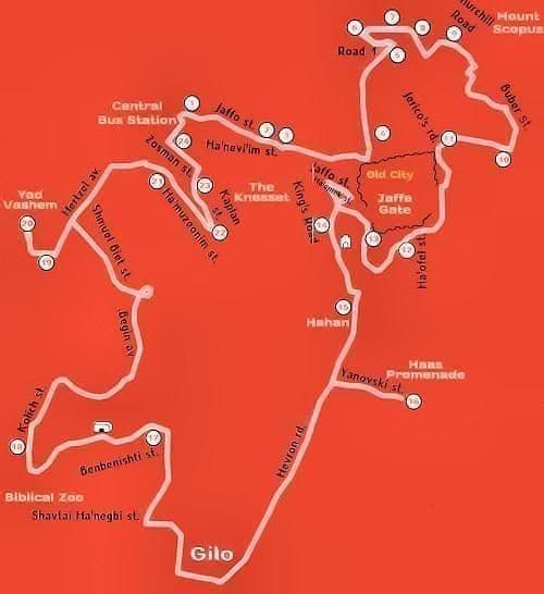 Mapa de Jerusalém Hop On Hop Off Bus tours