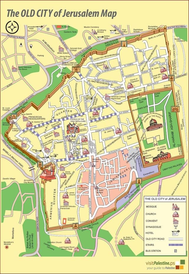 Mapa dos passeios a pé em Jerusalém